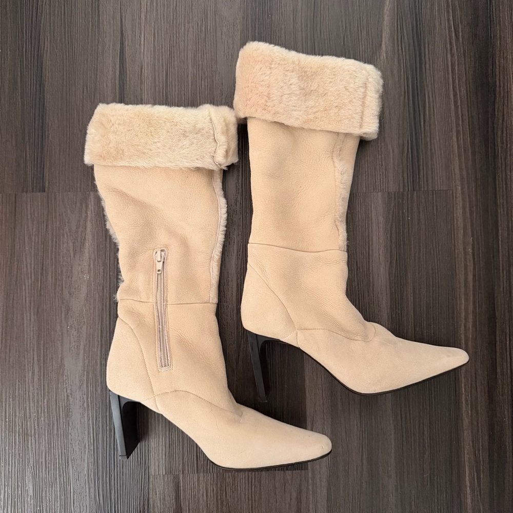 Anne Klein Cream Fur-Lined Heeled Boots